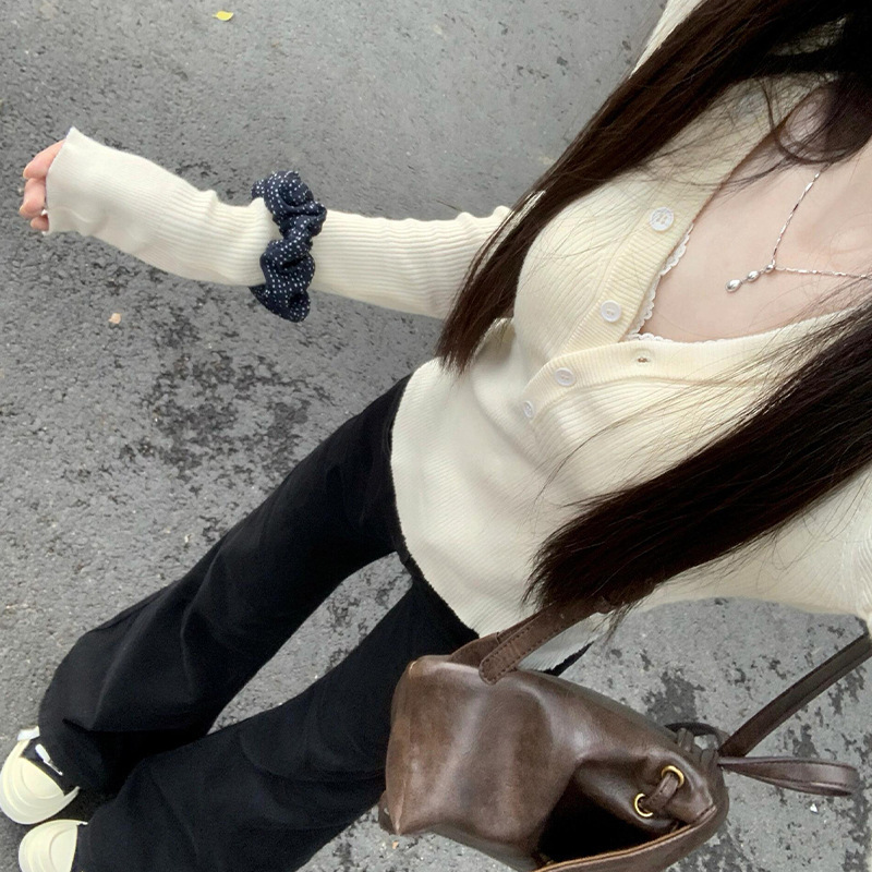 纯欲领紧身长袖针织衫女秋冬2025新款设计感修身内搭打底衫上衣|undefined