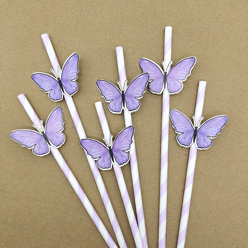 Tarjetas de mariposa desechables biodegradables para postres de té de leche bar de cóctel de paja decorativa