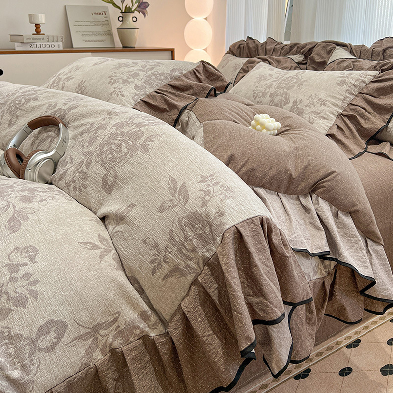 Nordico Francese Vintage Boho Stile francese Vintage Pizzo Cotone Lavato Lino Quattro pezzi Con Lenzuolo con Volant Spazzolato e Copripiumino Tre pezzi_voghion.com