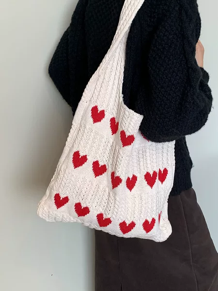 2026Ins Knitted Heart Tote Bag Cross-Border Fresh and Simple Fashion Woven Bag Stylish and Trendy Shoulder Bag