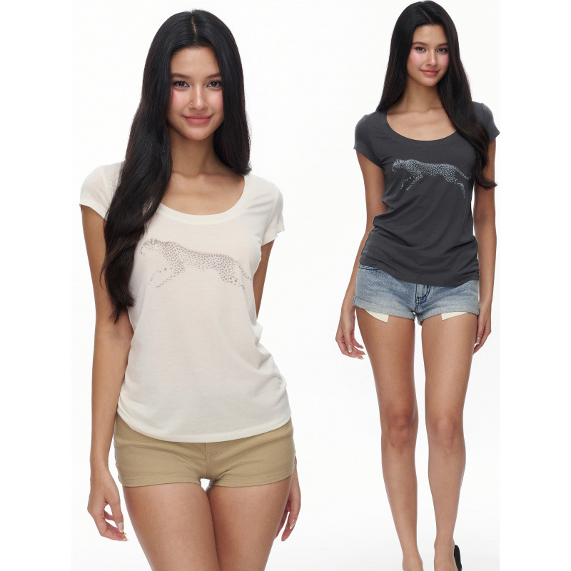In-Stock Lenzing Tencel Large U-Neck American-Style Spicy Girl Print Slim-Fit Short-Sleeve Top for Women, New Summer Model