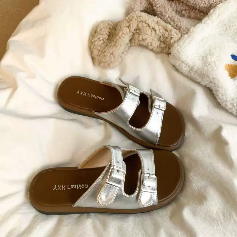 Сандалии Birkenstock женские 2025, толстая подошва, однотонная полоска, серебристые и другие цвета