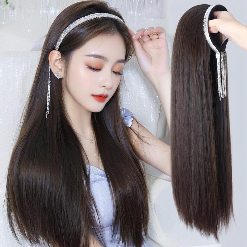 Tassel rhinestone hairband wig women's long trembling tape goods black long straight hair detachable hairband wig headgear wholesale Tassel rhinestone hairband wig women's long trembling tape goods black long straight hair detachable hairband wig headgear wholesale