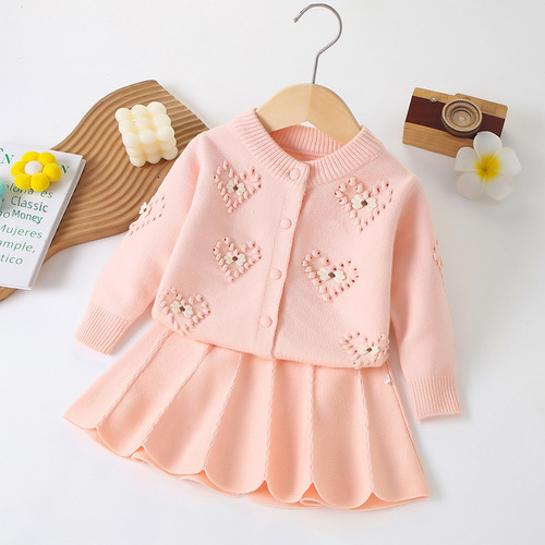 Children's Sweater Girls Baby Autumn and Winter New Fashion Long-sleeved Knitted Top Korean Style Girl's Love Flower Sweater Dress 