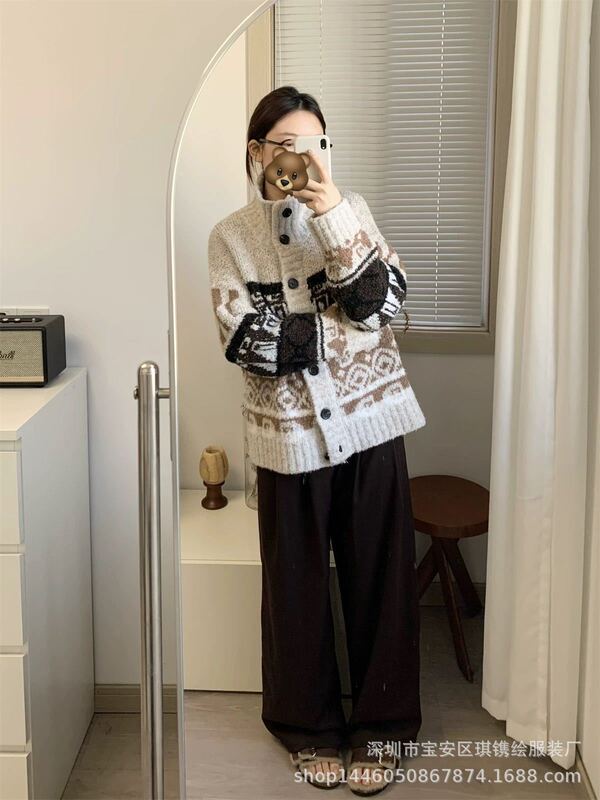 琪镌绘制费尔岛开衫外套女美式宽松慵懒风撞色高领针织毛衣88220|undefined