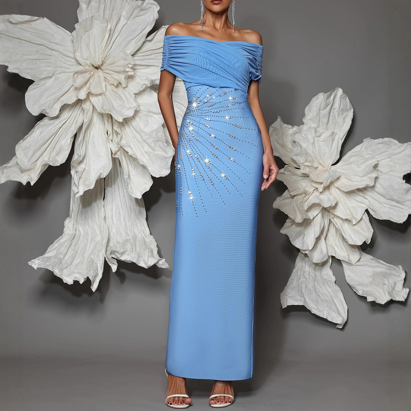 Cross-Border Factory High-End Off-Shoulder Tube Top Dress for Women's Dinner Slim Long Skirt with Radiating Sequins Slimming Bandage Dress