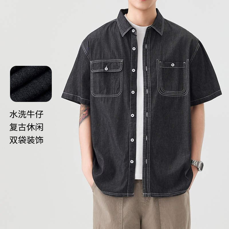 東雨男服春夏男服新作半袖純綿日本系デニム男性シャツ修身カジュアルシャツ潮男