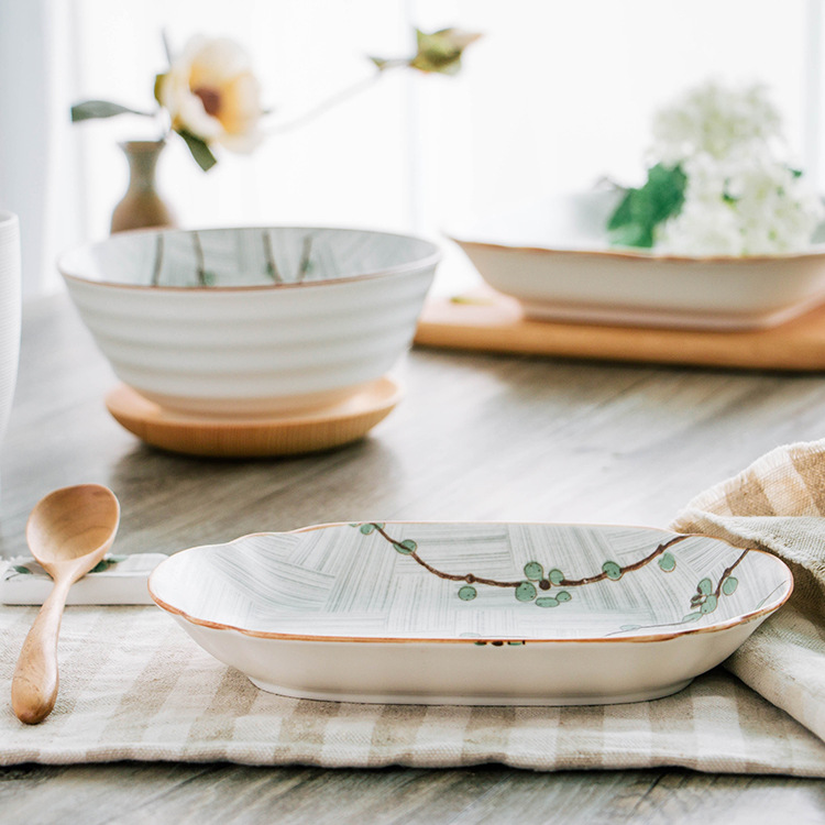 韩国进口绿梅清影陶瓷餐具套装家用饭碗汤碗碟子盘子批发|ms