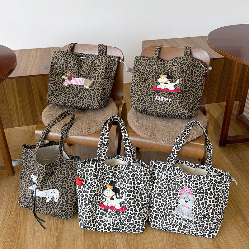 Autumn New Embroidered Dalmatian Retro Leopard Print Canvas Tote Bag for Women in a Lazy Style
