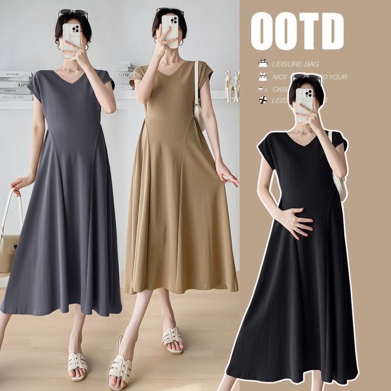 Maternity V Neck Short-Sleeved Dress for Women Summer New Korean Style Loose Belly-Covering Slimming Look Mid-Length Maternity Dress