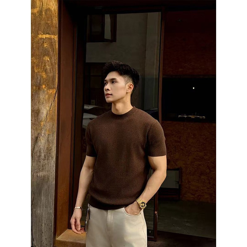 Old Money Style Ice Silk Knit Short-Sleeve Men's Summer T-Shirt with Cuffed Vertical Stripes, Solid Color Casual Fitness Half-Sleeve T-Shirt