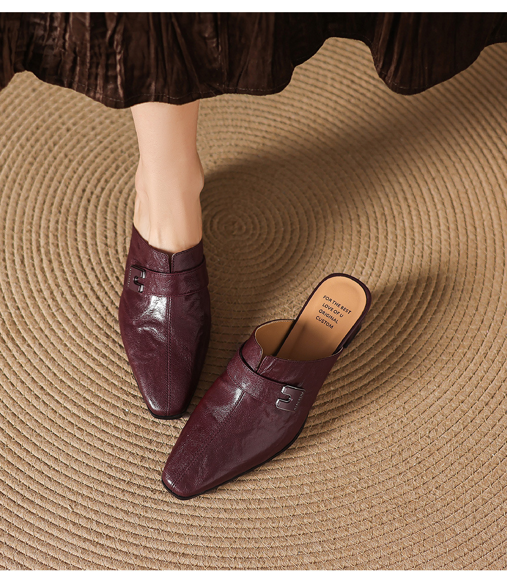 Dép sandal cao gót nữ mũi nhọn quai ngang da dê gót thô 5 cm — đen chi tiết 4
