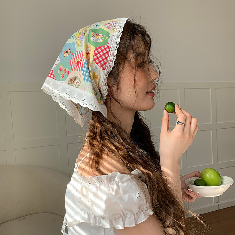 Pañuelo de seda de confinamiento de encaje de diadema francés de alta gama ins pañuelo de playa de fotografía de viaje de verano de alta gama