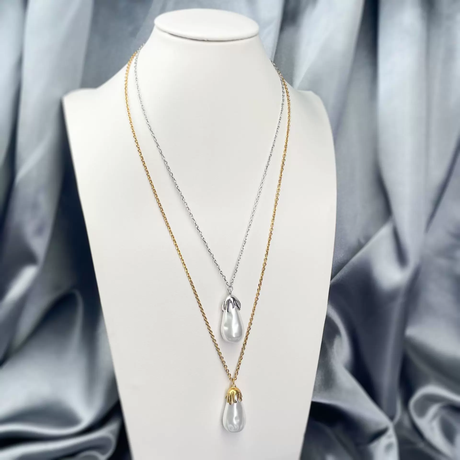 欧美经典炉内真空电镀18K异型珍珠吊坠项链 时尚百搭长款项链