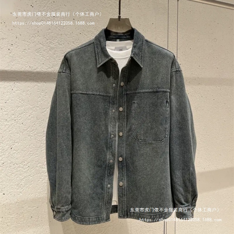 Spring and Autumn Herringbone Retro Washed Distressed Loose Silhouette Line Denim Shirt Shirt Jacket Jacket for Men