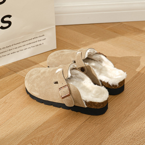 Women's cotton shoes, plus velvet and thickened women's shoes, winter woolen shoes for outer wear, cotton slippers, large-toe shoes, thick soles, genuine leather, plus fur Birkenstocks