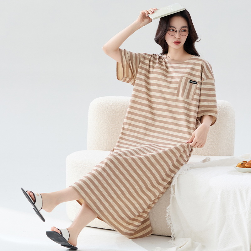 Pijamas de verano de algodón, mangas cortas delgadas, falda larga suelta, pijamas de embarazo de gran tamaño, ropa de hogar a rayas de verano