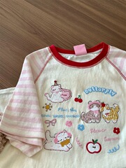 実費【オリジナル生地】糸ネックライン+バックエッジコントラストカラーステッチ漫画刺繍半袖Tシャツ男女兼用