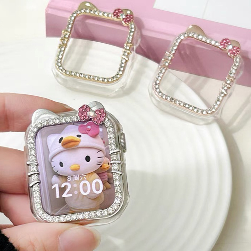 Suitable for AppleWatchS10 diamond kt cat watch case s9 diamond apple case s8/s7 half bag protective case
