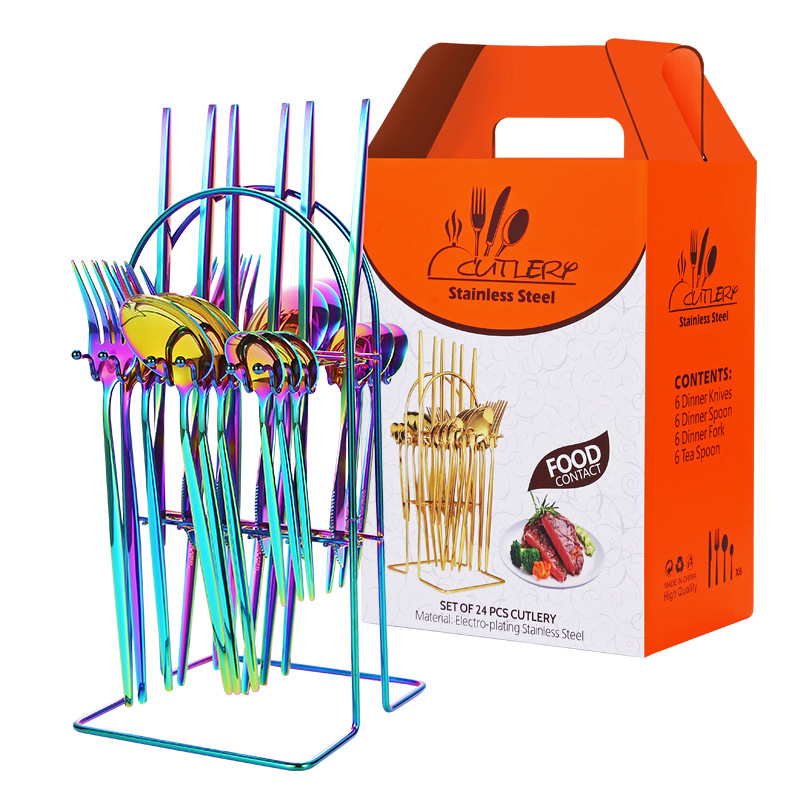 Transfronterizo Amazon Portugal comida occidental cuatro principales vajilla de acero inoxidable 24 piezas vajilla rack caja de regalo rack traje