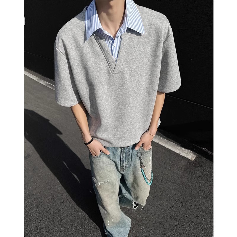 Fake Two-Piece Shirt with a Shirt Collar and Short Sleeves, Men's Summer New Design, Versatile, Stylish, Loose Half-Sleeve T-Shirt