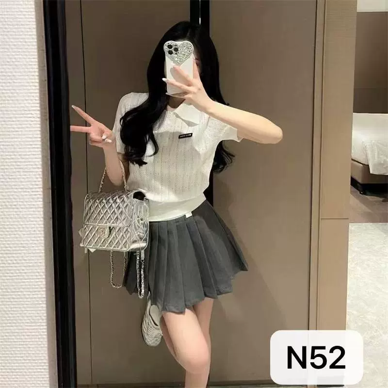 夏季新款nn字母小黑标翻领短袖套头宽松百搭女装针织毛织上衣工厂