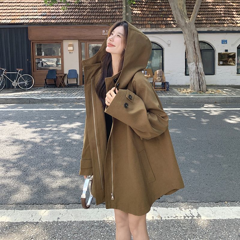美拉德工装外套女春秋季2025新款宽松连帽中长款廓形斗篷休闲风衣|undefined