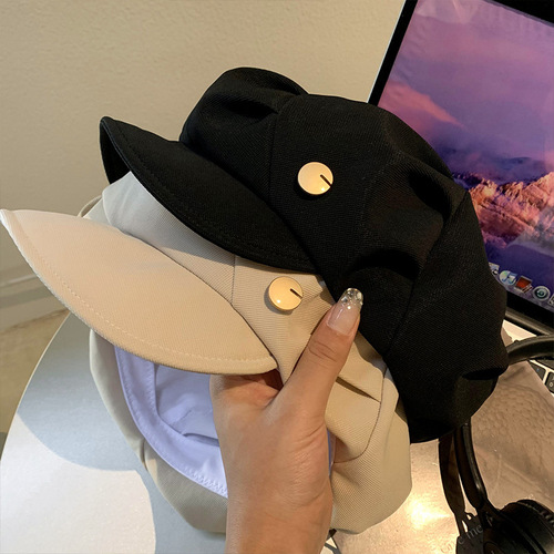 Black Pleated Bucket Hat for Women - Spring and Autumn Korean Style, Versatile, Face-Smoothing, Cloud Pattern Hat, Retro Large Brim Octagonal Hat