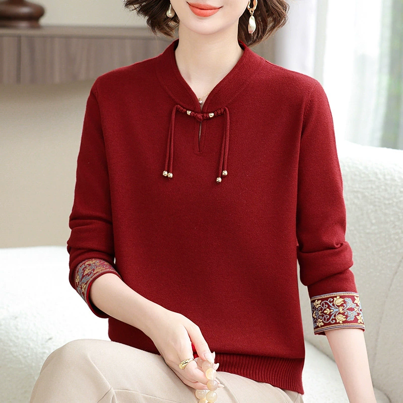 Новая женская трикотажная кофта в китайском стиле, осень 2025, элегантный свитер для женщин среднего возраста, национальный стиль, с воротником-стойкой