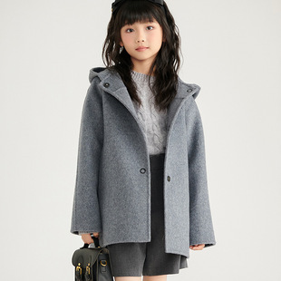 25 New Autumn and Winter 100 Pure Wool Double-Sided Woolen Outwear for Girls and Kidsren Pure Color Hooded Long-Sleeved Cardigan Jacket