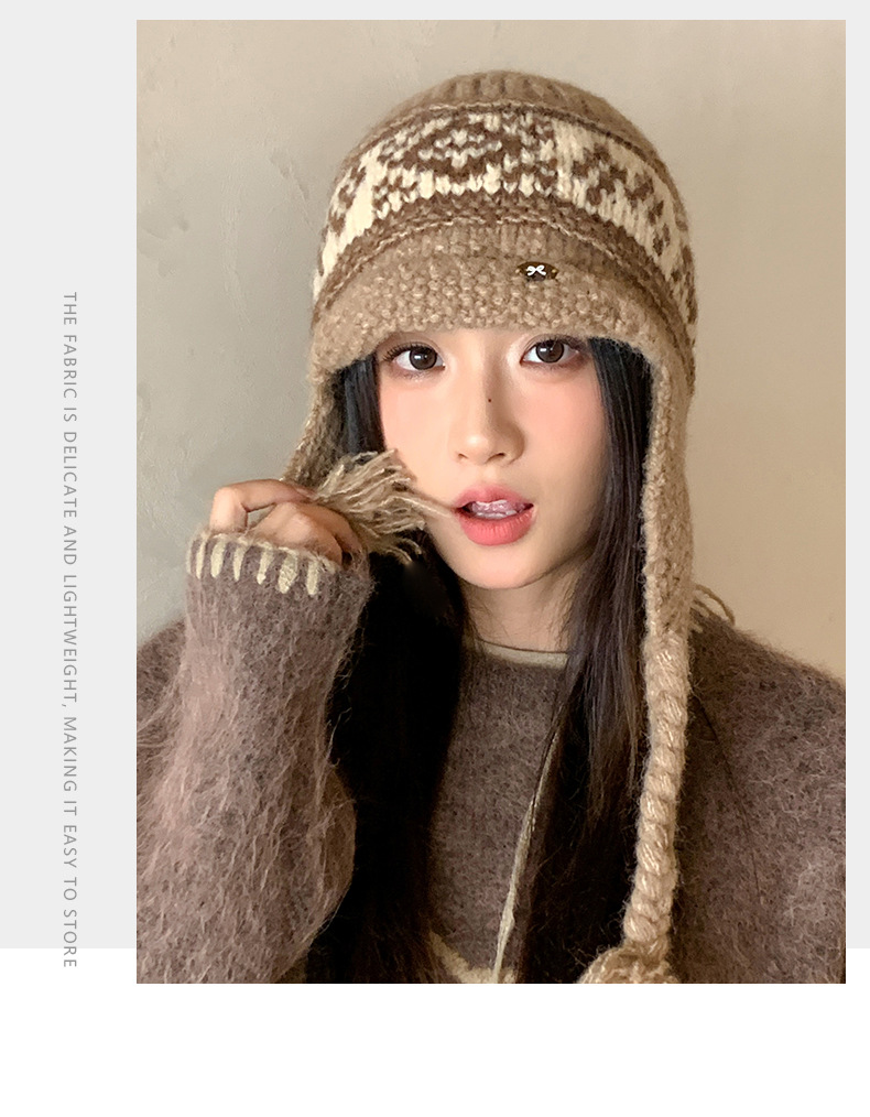 Fair Isle Style Retro Knitted Wool Autumn Winter Fleece Lined Thickened Warm Ear Protection Versatile Large Head_voghion.com