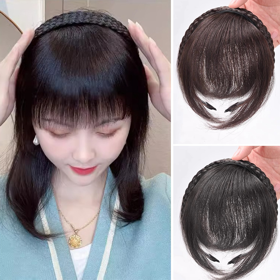 New Wig with Double Braids, Hairband, Bangs, Integrated Front Forehead Curtain, Sideburns to Cover White Hair, Short Bangs Wig for Women