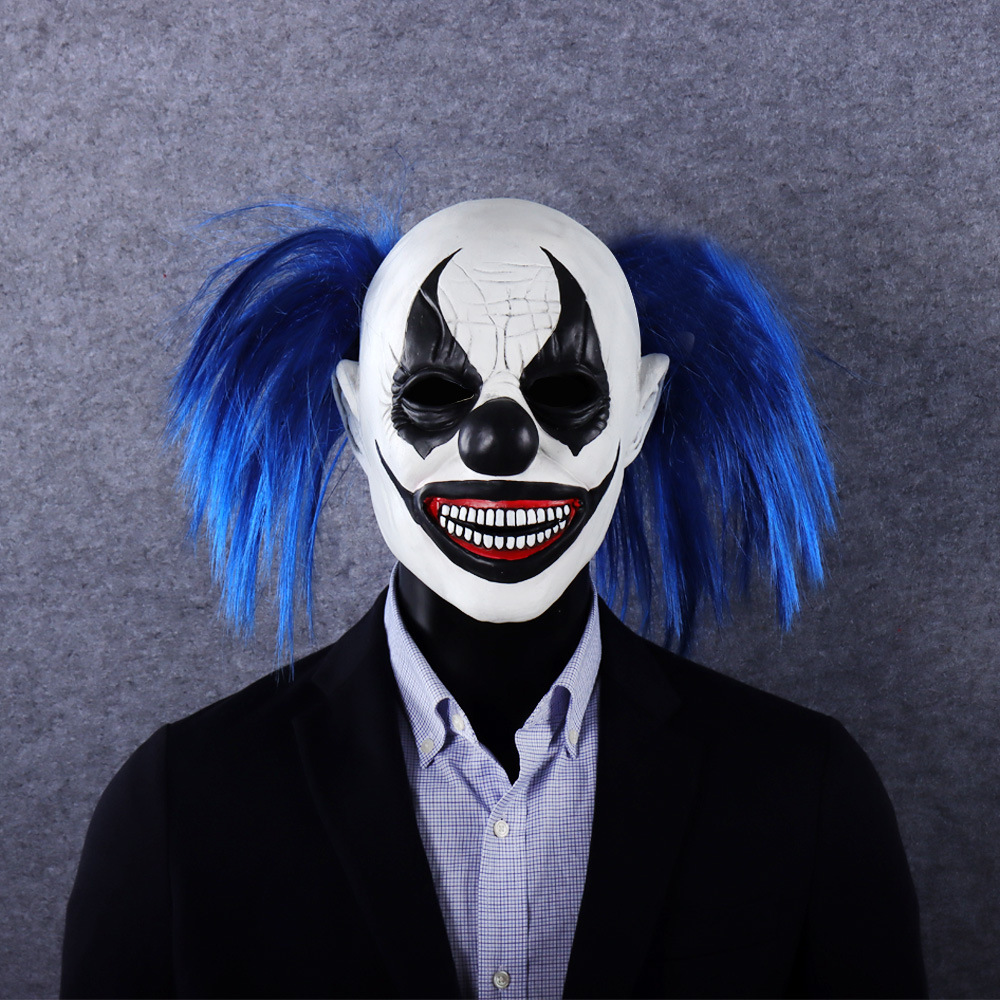 Máscara de payaso de terror transfronterizo cabello azul látex accesorios de decoración Halloween