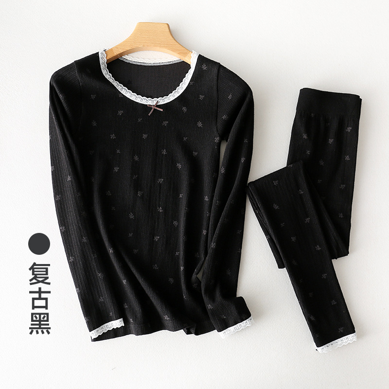 Conjunto de Ropa Interior Térmica de Algodón Colorido con Diseño de Hoja de Arce para Mujer, Invierno 2025, Cuello Redondo, Sin Costuras, Top y Pantalones, Venta al Por Mayor