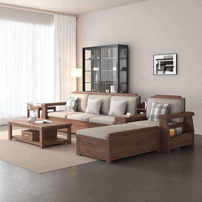 Chinese-style black walnut solid wood sofa with chaise lounge, suitable for both winter and summer, high-box dual-use, modern minimalist design for small living rooms with storage