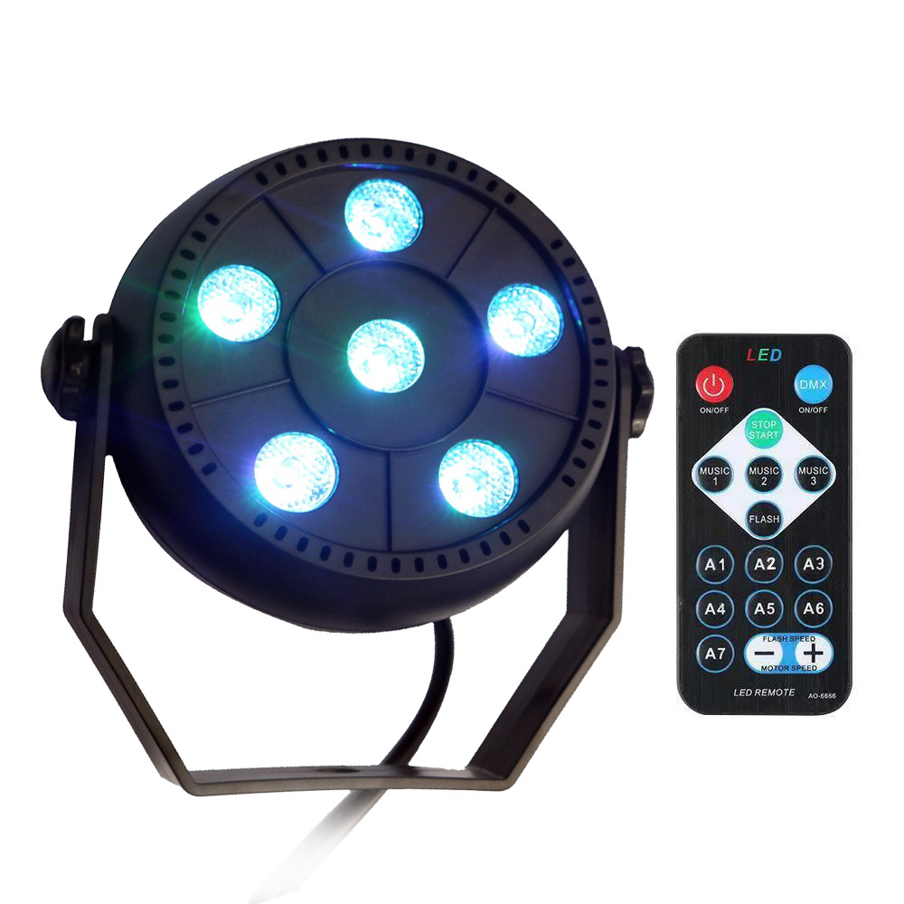 Luz LED PAR de 6 focos RGB con control remoto USB, ideal para fiestas, escenarios y decoración ambiental
