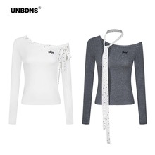 UNBDNS美式波点蝴蝶结斜肩长袖T恤女2025秋季新款修身显瘦短上衣