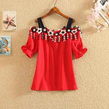 夏季雪纺上衣女露肩吊带韩版新款一字肩短袖洋气显瘦宽松打底衫女