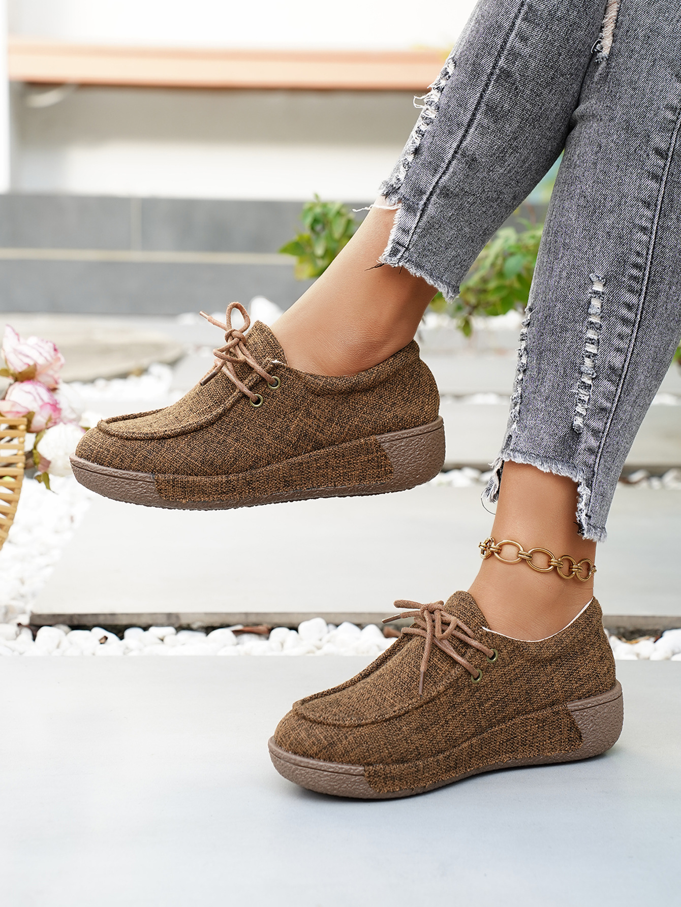 Damen Denim Schnürschuhe Mit Plateau Bequeme Freizeitschuhe_voghion.com