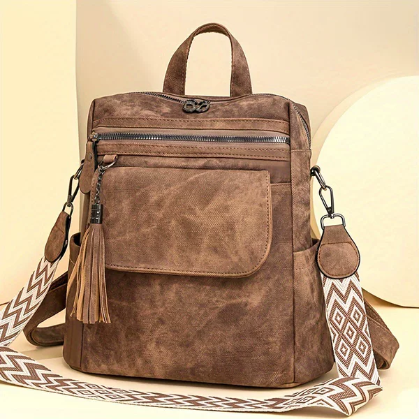 Cross-Border 2026 New Style Tassel Backpack for Women, Large Capacity, Retro, Simple, Multifunctional, Casual, Dual-Use, Single Shoulder