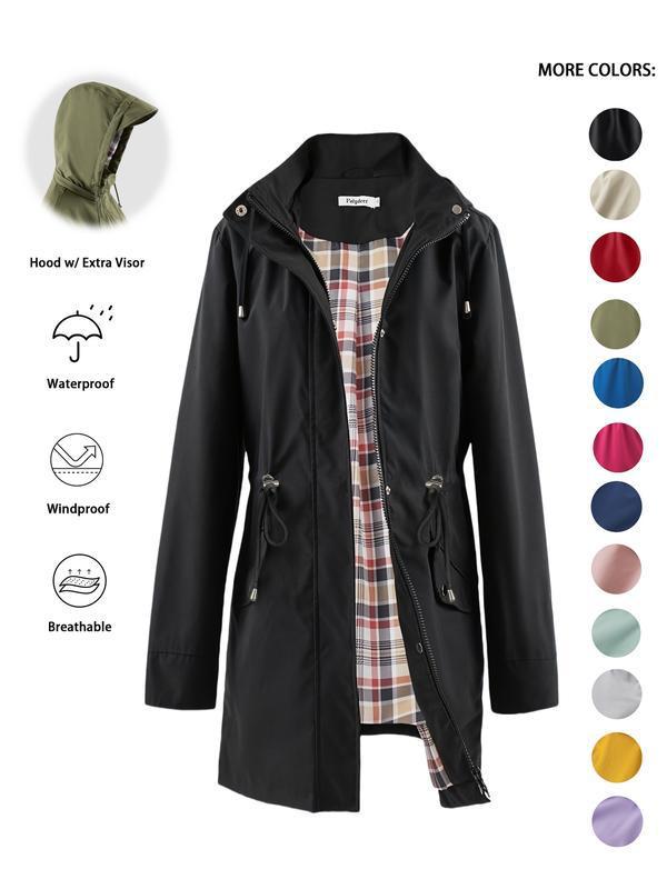 Women's Solid Color Drawstring Zip Up Hooded Trench Coat|undefined