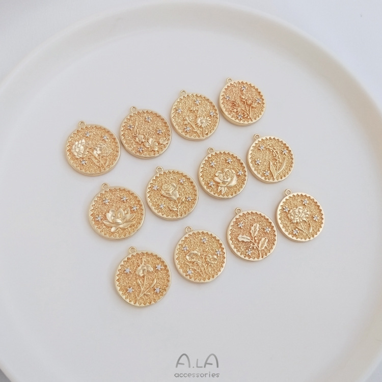 14K Gold-Plated Copper December Birthstone Round Pendant DIY Necklace Sweater Chain Fashion Charm