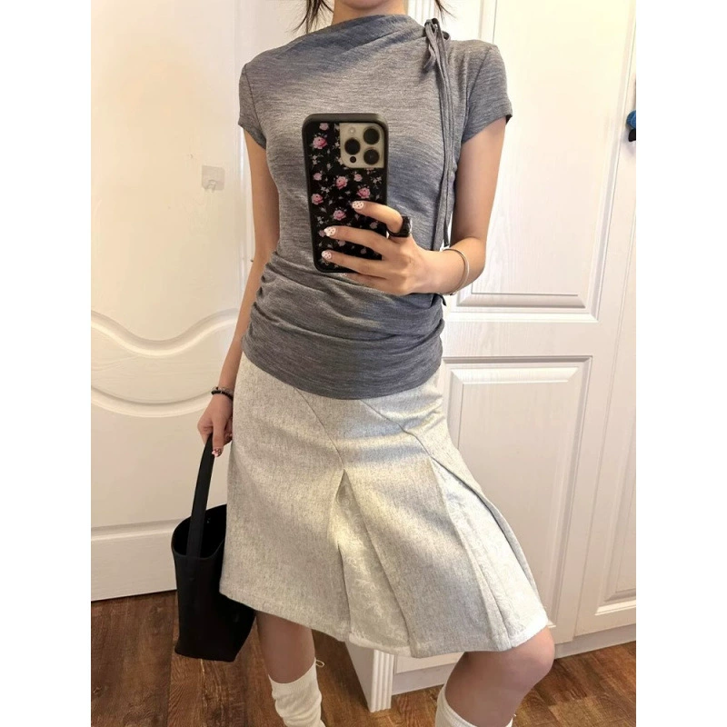 Ретро косой плечо с коротким рукавом женский летний новый серый сморщенный талия шнуровка футболка тонкая нижняя рубашка