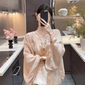 初秋穿搭一整套大码胖mm新中式清冷感刺绣雪纺上衣阔腿裤绝美套装