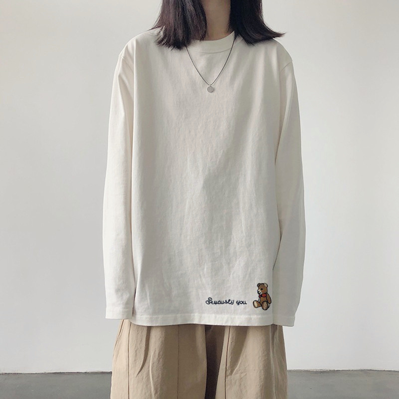 White Cotton Long-Sleeved T-Shirt for Women, Spring Bottoming Shirt That Can Be Worn Outside, Sweatshirt Layered with Inner Top, White Autumn Shirt