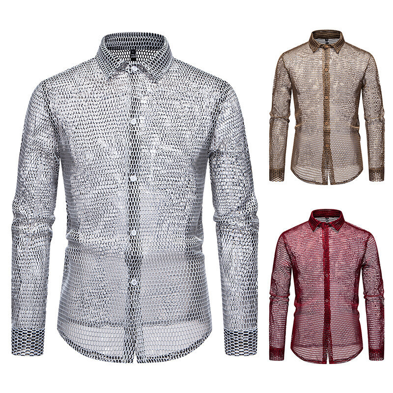 Amazon Cross-border European and American Men's Hollow Night Shop Long Sleeve Shirt Men's Summer Thin Breathable Mesh Shirt Men's