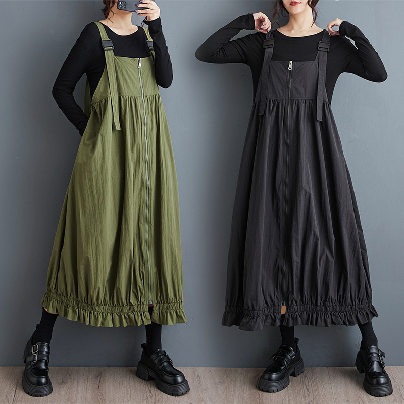 2025 New Autumn Clothing Hong Kong Style Pure Color Suspender Skirt Versatile Loose Mid-Length Zipper Dress