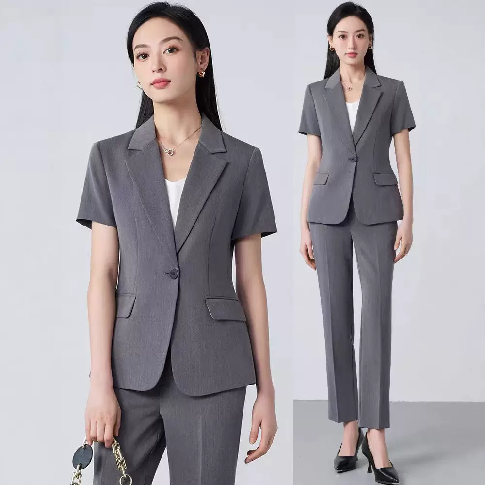 灰色短袖西装职业套装女夏季薄款大学生公考面试正装修身工作服