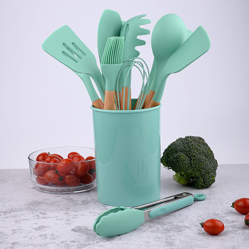 Cross-border wooden handle silicone kitchenware set kitchen non-stick spatula soup spoon colander storage bucket twelve-piece set