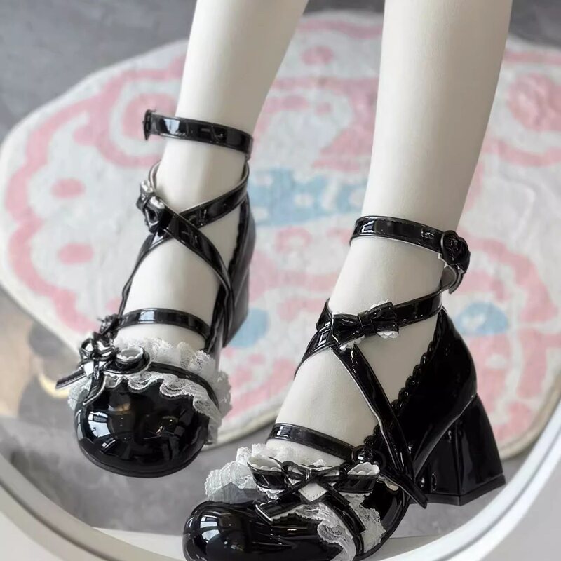 Lolita Original Cute Lolita Lace Leather Shoes Round-Toe Lace Doll Sweet Mary Mid-Heel High Heels Lolita Original Cute Lolita Lace Leather Shoes Round-Toe Lace Doll Sweet Mary Mid-Heel High Heels